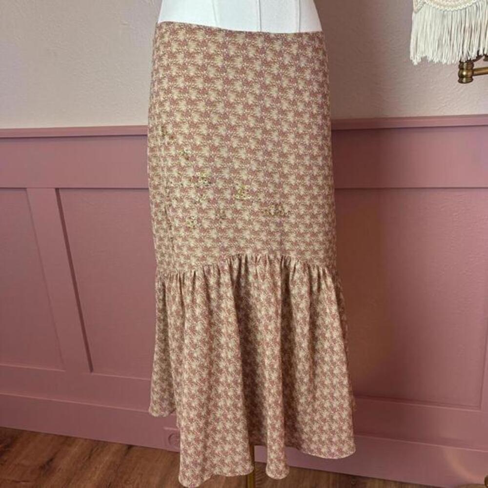fairy cottage whimsy midi skirt  tape measure vintage sz 8 tan pink dreamy